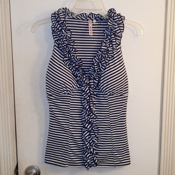 HeartSoul Ruffle Navy and White Striped Tank - Picture 1 of 6